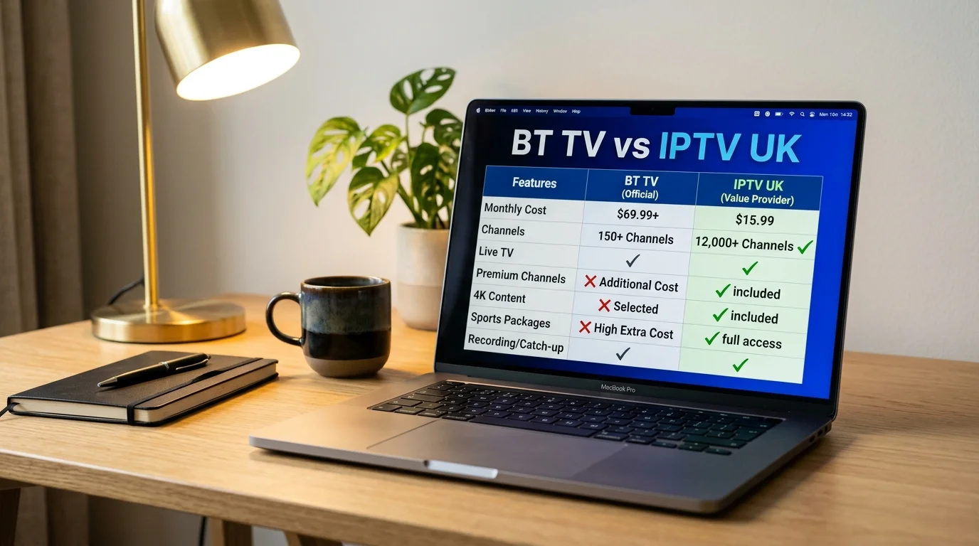 Comparison chart of BT TV and IPTV UK on laptop, highlighting pricing, channel offerings, and features like live TV, 4K content, and sports packages, emphasizing IPTV UK’s advantages.