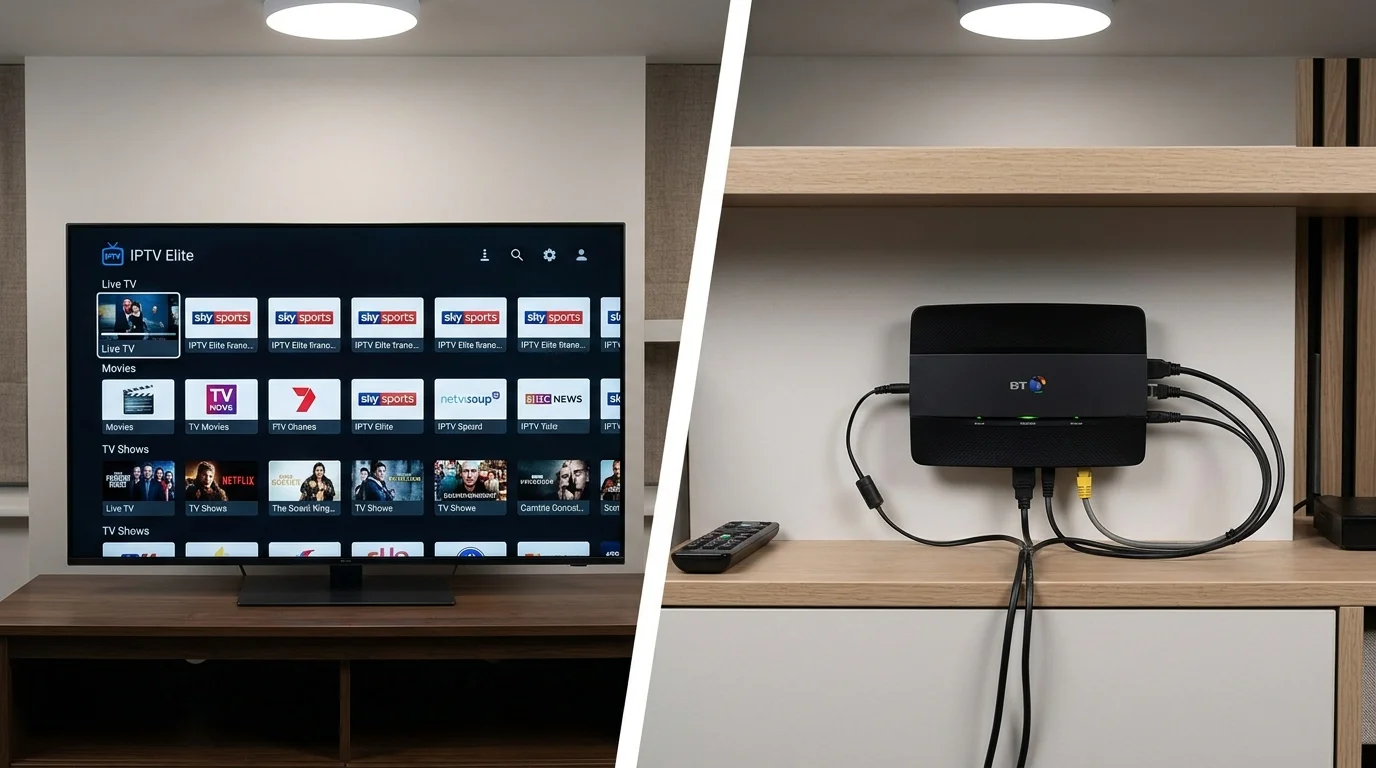 IPTV Cloud interface displaying live TV and sports channels alongside a BT TV box with connected cables, illustrating the comparison between IPTV UK Cloud and BT TV services.