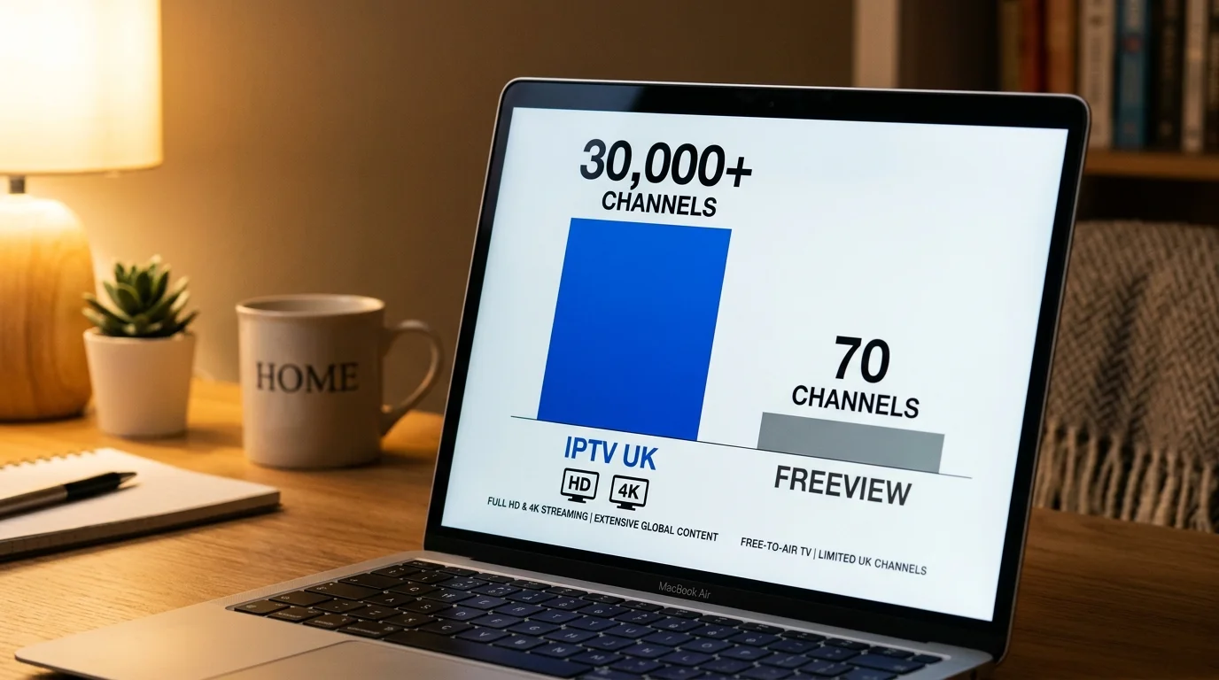 IPTV UK comparison chart showing 30,000+ channels for IPTV UK and 70 channels for Freeview, emphasizing extensive content options and HD streaming.