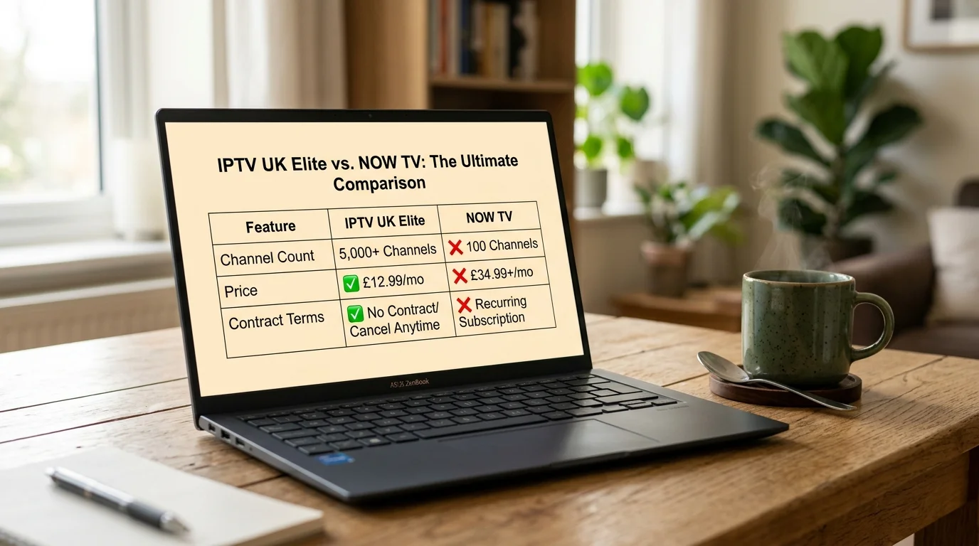 IPTV UK Cloud vs. NOW TV comparison chart on laptop showing features like channel count, pricing, and contract terms, with a coffee cup beside it.