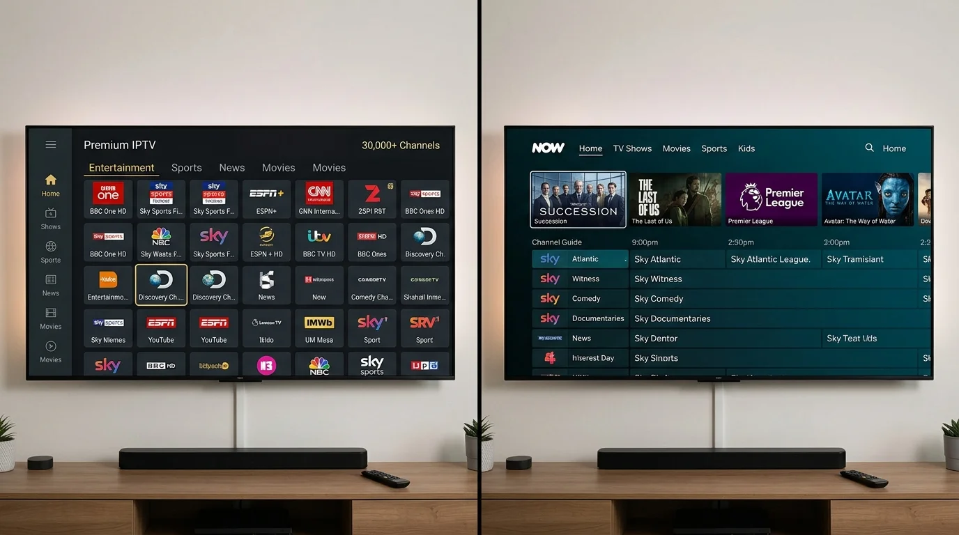 Comparison of IPTV UK Cloud channels on left and NOW TV interface on right, highlighting diverse content options and user interface differences.
