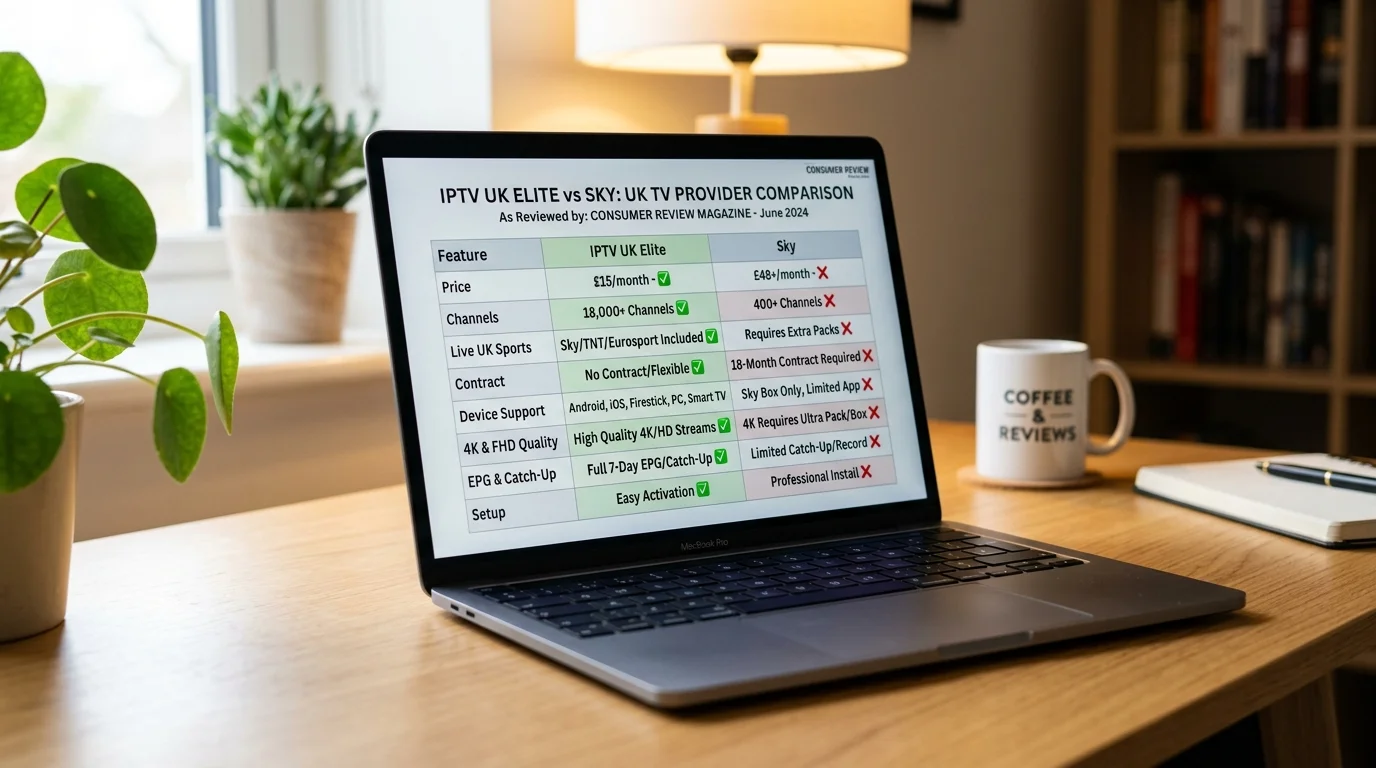 IPTV UK Cloud vs Sky UK comparison chart on laptop, highlighting features like pricing, channel availability, and contract terms, with checkmarks and crosses for each service, set in a cozy home office environment.