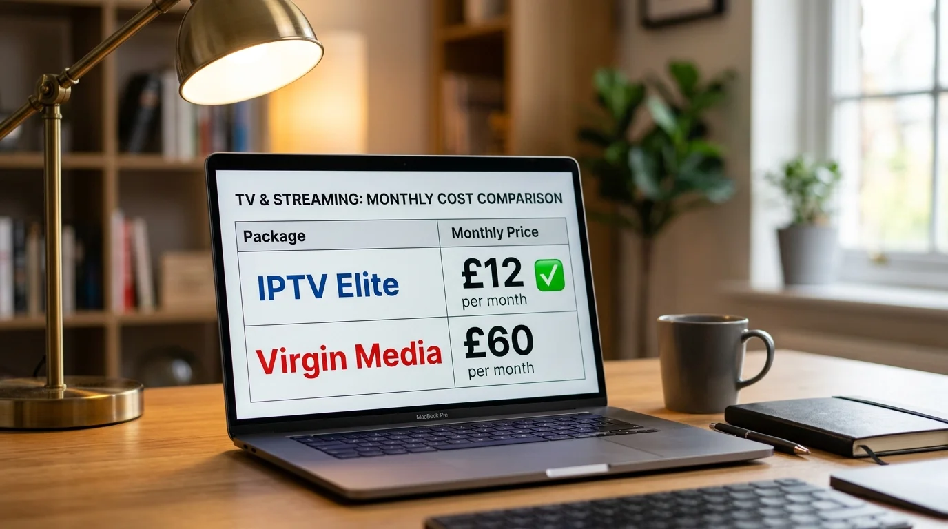 TV and streaming cost comparison on laptop screen showing IPTV Cloud at £12 per month and Virgin Media at £60 per month, highlighting IPTV UK Cloud's affordability.
