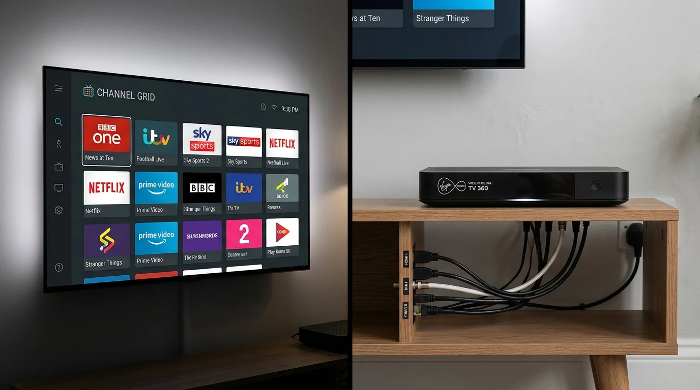 Smart TV displaying channel grid with popular services like Netflix, BBC, and ITV, alongside Virgin Media TV 360 box on wooden shelf, illustrating IPTV vs Virgin Media comparison.