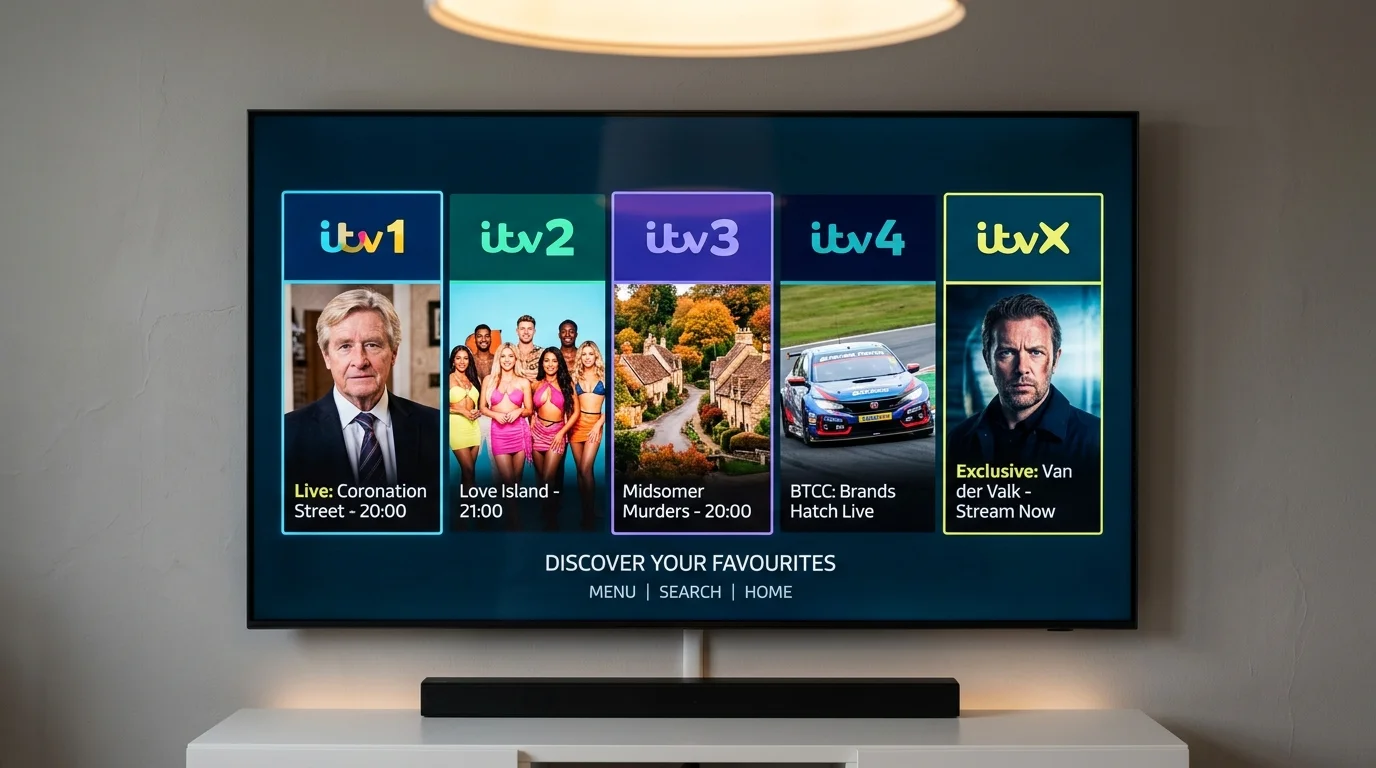 ITV channel lineup on a television screen featuring ITV1, ITV2, ITV3, ITV4, and ITVX with program highlights including Coronation Street, Love Island, Midsomer Murders, and BTCC live racing, promoting IPTV UK Cloud's access to live ITV channels in HD.