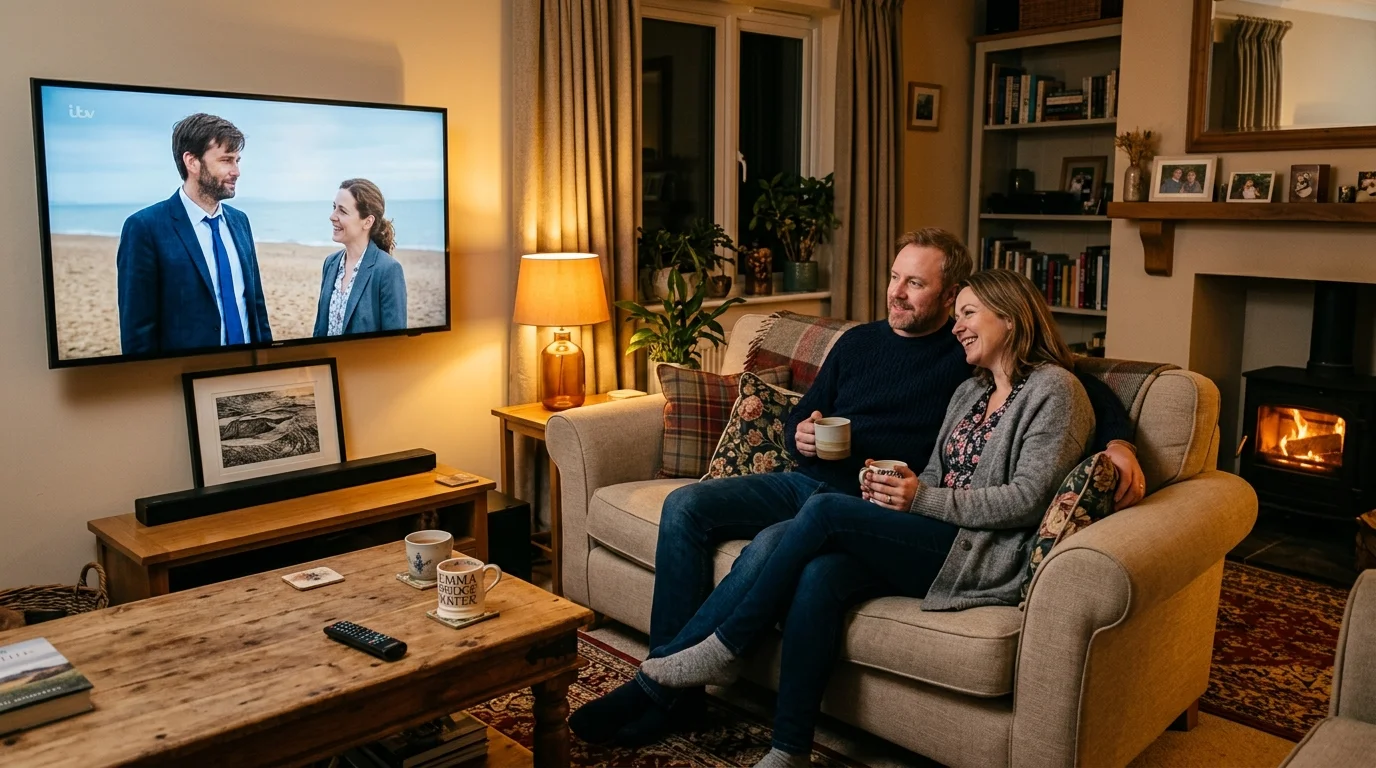 Couple enjoying ITV programming on a television in a cozy living room, with warm lighting and a rustic coffee table featuring mugs and a remote.