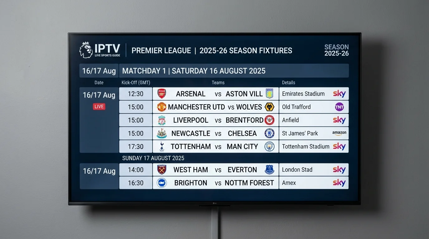 IPTV UK Cloud Premier League fixture schedule for August 2025, displaying match times, teams, and broadcasting details.