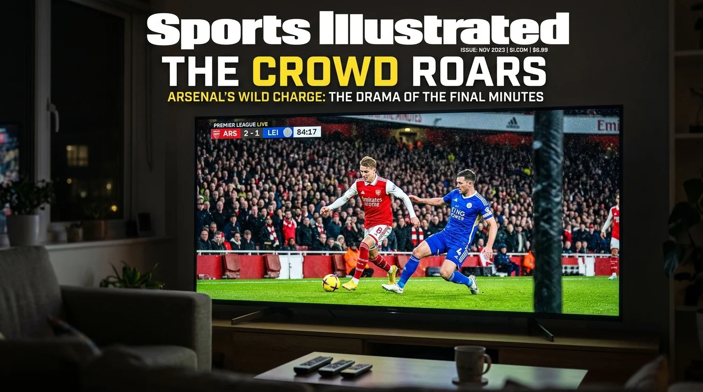 Premier League match broadcast on television, featuring Arsenal vs. Leicester City, with players in action and crowd visible, emphasizing live sports streaming by IPTV UK Cloud.