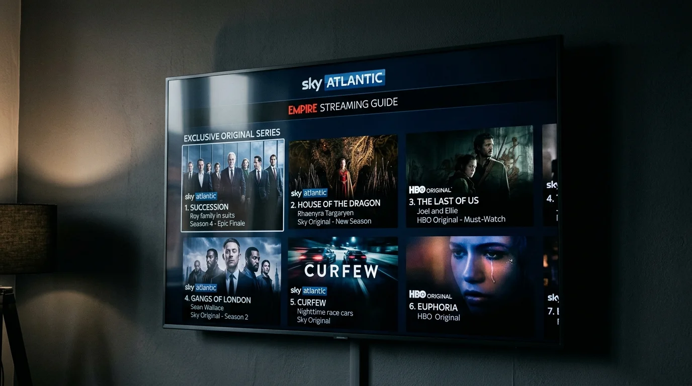 Sky Atlantic streaming guide displayed on a television, featuring popular series like "Succession," "House of the Dragon," "The Last of Us," "Gangs of London," "Curfew," and "Euphoria," highlighting HBO and Sky Original content.
