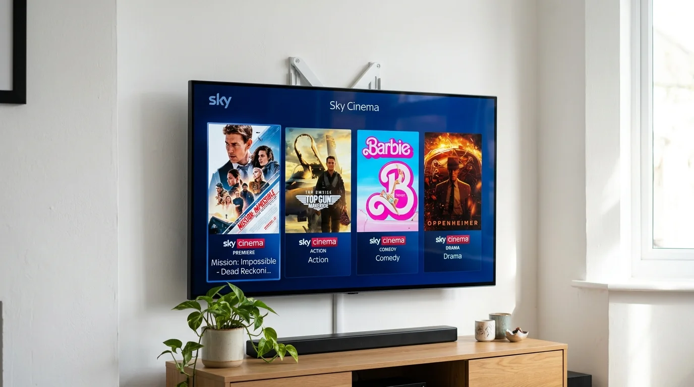 Sky Cinema interface on TV displaying movie selections including "Mission: Impossible - Dead Reckoning," "Top Gun: Maverick," "Barbie," and "Oppenheimer," highlighting categories like Premiere, Action, Comedy, and Drama, relevant to IPTV UK Cloud subscription offerings.