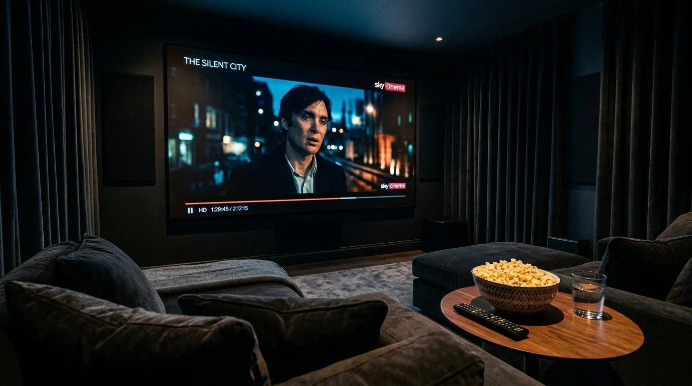 Home theater setup with large screen displaying "The Silent City" on Sky Cinema, featuring cozy seating, popcorn, and a remote control, illustrating IPTV UK Cloud's Sky Cinema offerings.