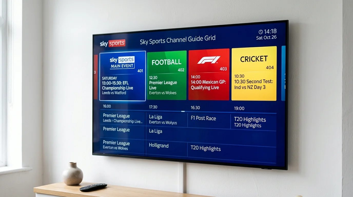 Sky Sports channel guide displayed on a television showcasing live sports events including football, F1, and cricket, relevant to IPTV UK Cloud's offerings.