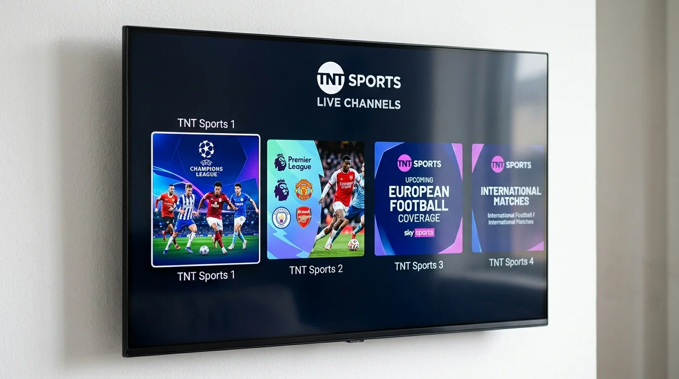 TNT Sports channel lineup displayed on a television screen, featuring Champions League, Premier League, and upcoming European football coverage, promoting IPTV UK Cloud subscription services.