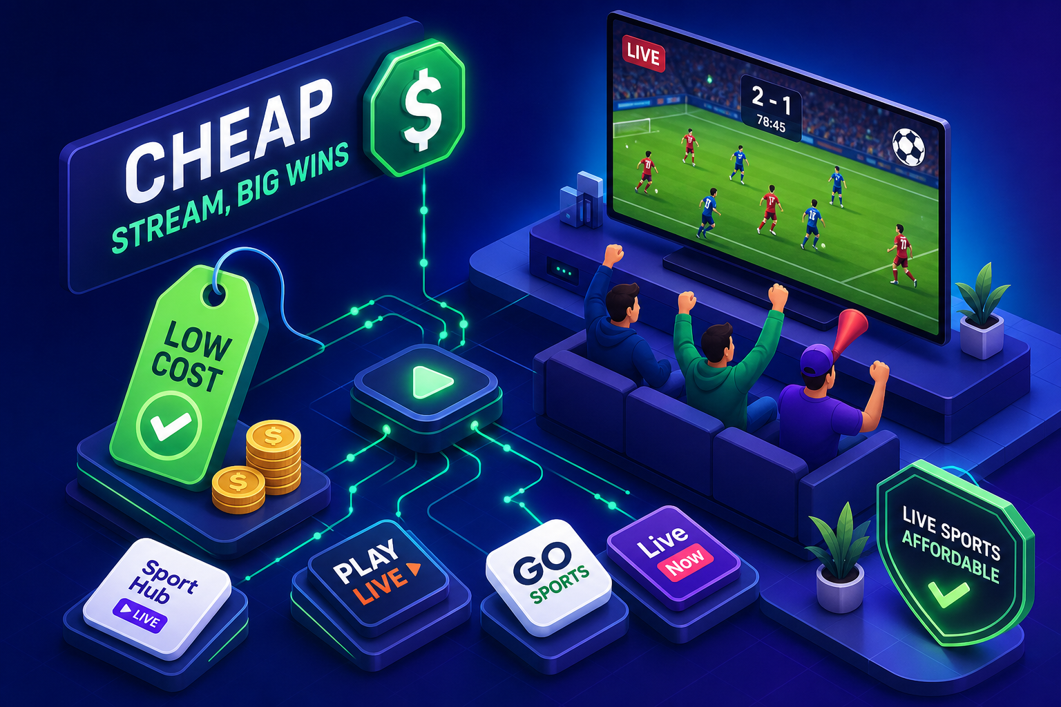 Cheap live sports streaming graphic featuring excited fans watching a football match on TV, with icons for low-cost options and services like "Sport Hub" and "GO Sports."