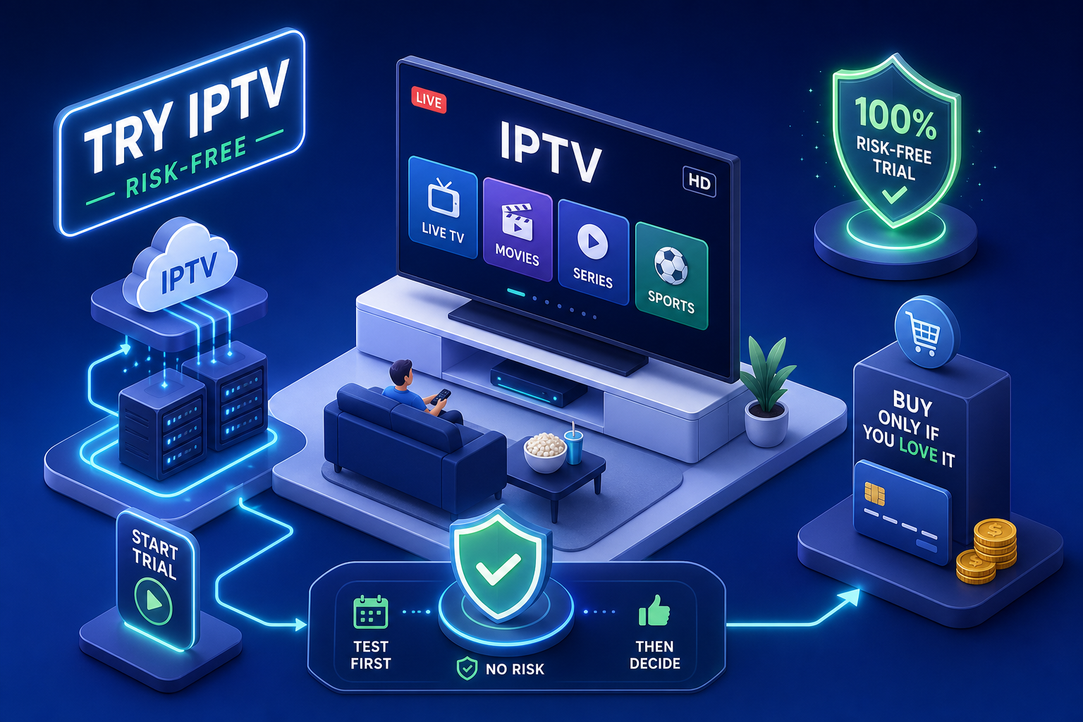 Person watching IPTV on a television displaying options for live TV, movies, series, and sports, with a "Try IPTV Risk-Free" banner, emphasizing a 100% risk-free trial and steps to test the service before purchase.